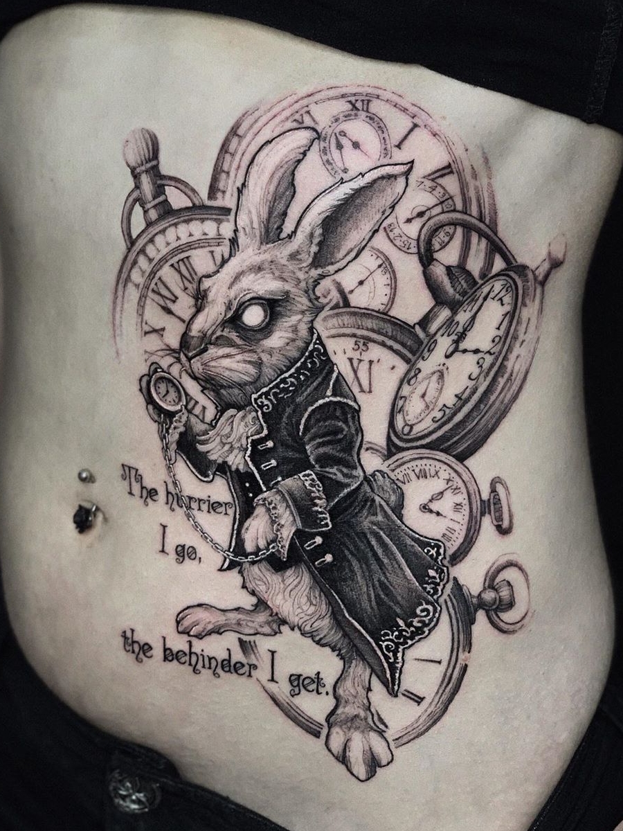 Black and Grey Alice Wonderland Tattoo Idea  BlackInk