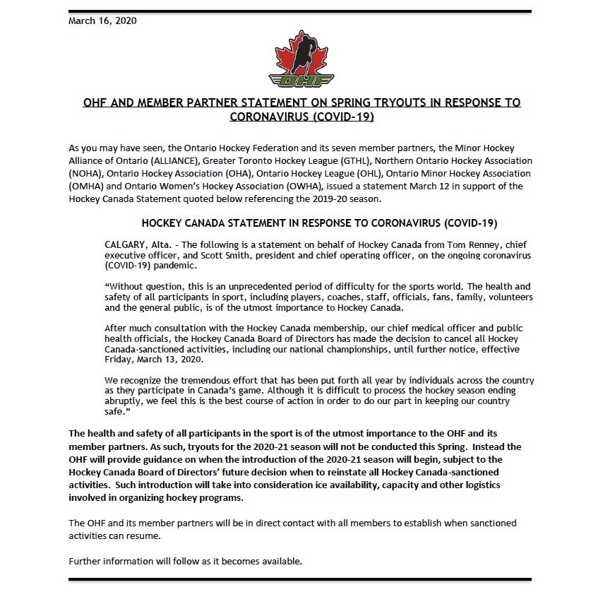 OHFHockey's tweet photo. STATEMENT | Tryouts for the 2020-21 season will not be conducted this Spring. The OHF will provide guidance on when the introduction of the season will begin, subject to the Hockey Canada Board of Directors future decision. 

FULL RELEASE ⤑ https://t.co/B5qxtg2Kgt https://t.co/oZX1pLFzk9