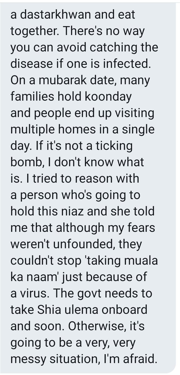 AmmarRashidT's tweet photo. Just received this troubling message about impending koonday observances by the Shia community. Most existing #COVIDー19 cases in Pakistan are already of zaireen who returned from Iran. These commemorations are a ticking time bomb that could spread the contagion beyond repair. https://t.co/yyzR8MiTDI