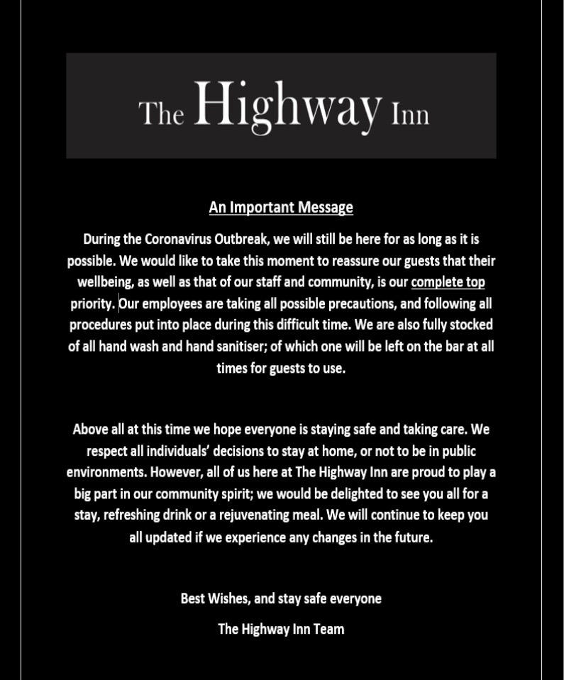 Please take a moment to read our statement in regards to the Coronavirus. Stay safe everyone, The Highway Inn Team💞