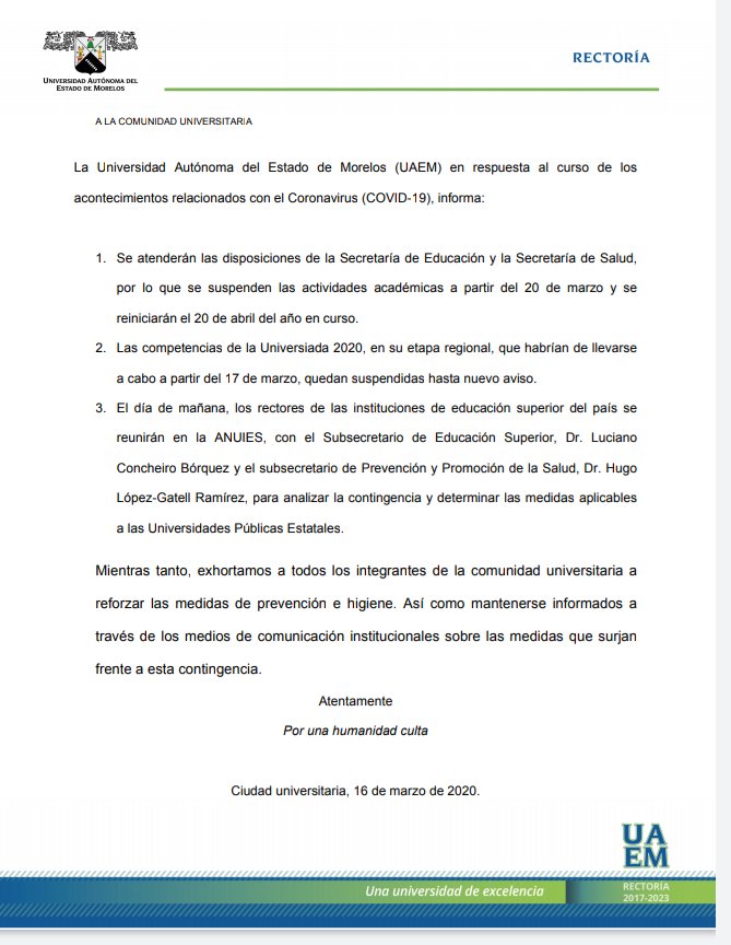 uaemorelos's tweet photo. Atención comunidad #UAEM Comunicado de la Rectoría 16/03/20. Suspensión de actividades académicas a partir del 20 de marzo y reiniciarán hasta el 20 de abril. https://t.co/lHx1q0cjdH