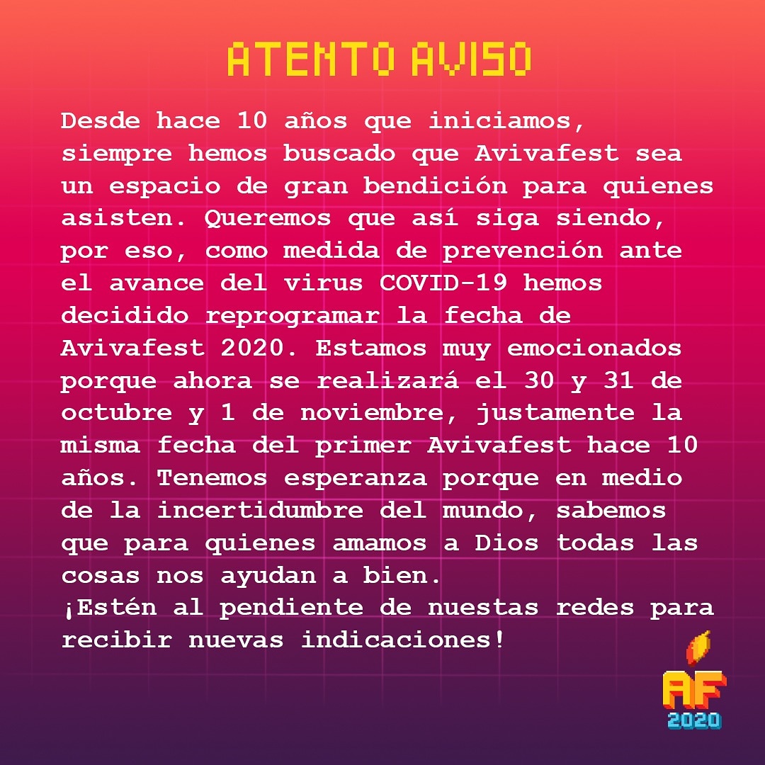 AvivaFest's tweet photo. Hola a todos, tenemos información importante para nuestros futuros asistentes de #AvivaFest20 https://t.co/LZtul7pK5X