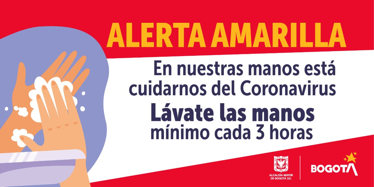 Bogota's tweet photo. #CuidémonosDelCoronavirus | Es hora de hacer una pausa en tus actividades para lavar las manos con agua y jabón e hidratarte. De todos depende prevenir el contagio y propagación del coronavirus. Así que no olvides las medidas de autocuidado y autorregulación de la #AlertaAmarilla https://t.co/cemRnx2CgQ