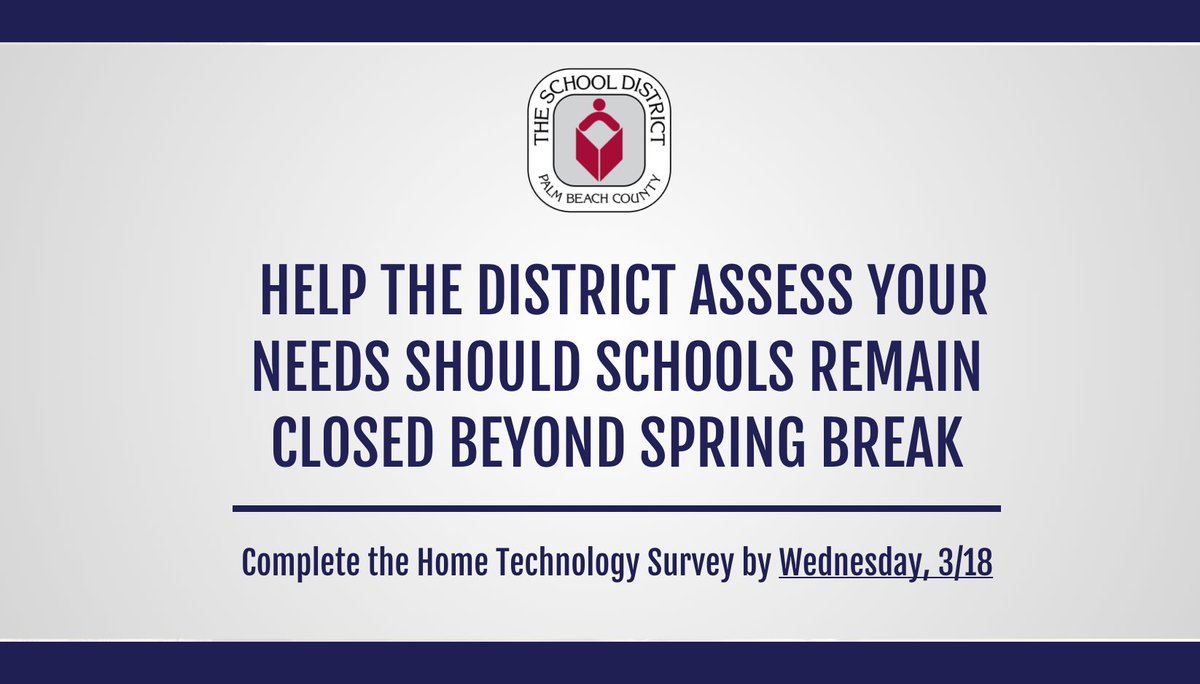 pbcsd's tweet photo. Have you taken our technology survey yet?  https://t.co/ekFMWAlxYX Families without internet access can now take the survey over the phone through our Coronavirus Hotline at 561-969-5840 on weekdays from 8 a.m. to 4 p.m. Please share this info with your friends and neighbors. https://t.co/J73ShbO9yA