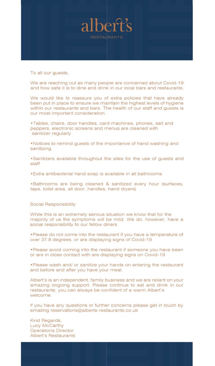 An update from <a href="/alberts_shed/">Albert's Shed</a> 

As many people are concerned about Covid-19 we’d like to reassure you that extra policies have already been put in place to ensure that we maintain the highest levels of hygiene within our restaurants &amp; bars