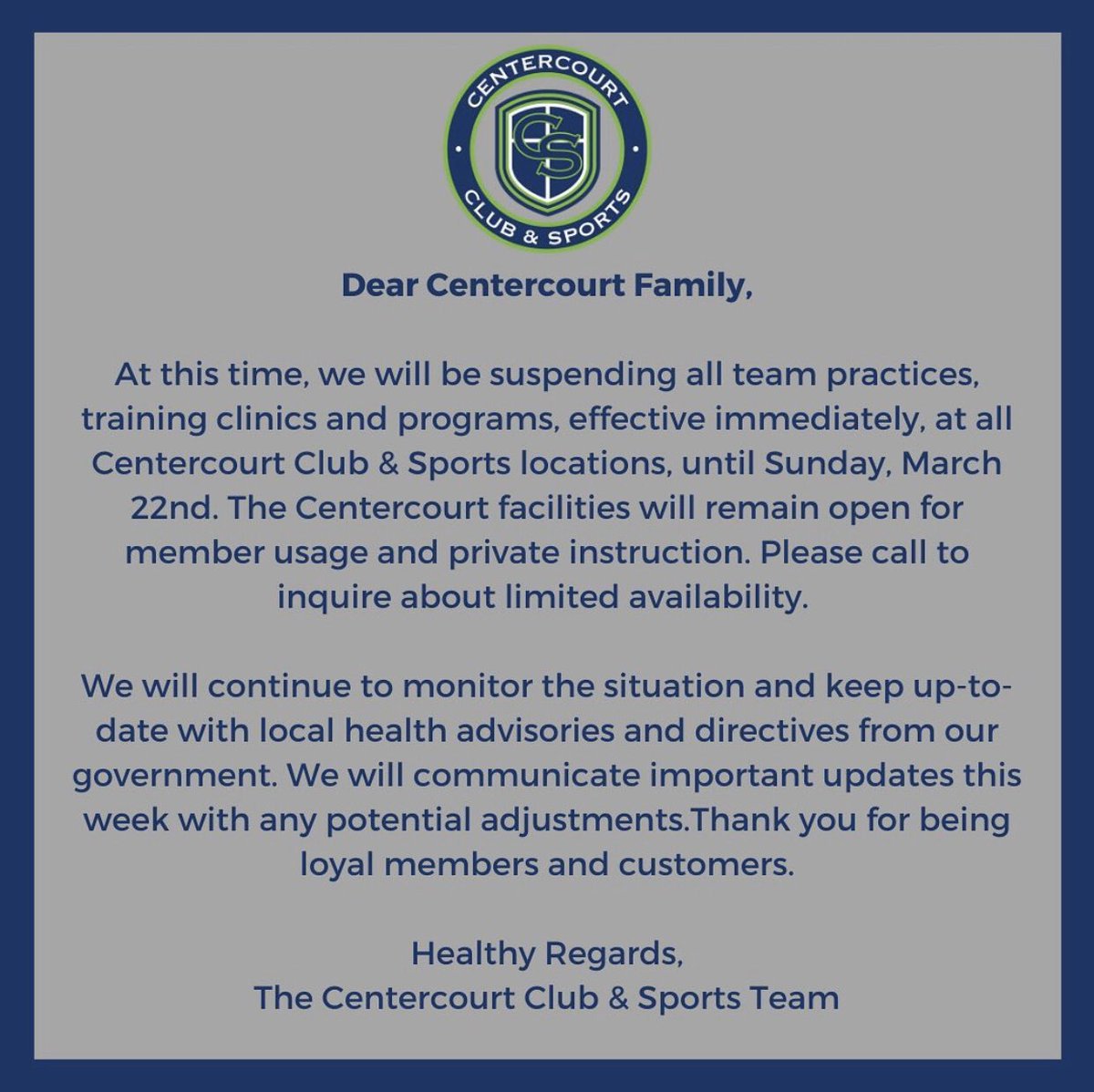 Still open for 1:1 and private training! Please inquire fieldhockey@centercourtclub.com or brandi@centercourtclub.com