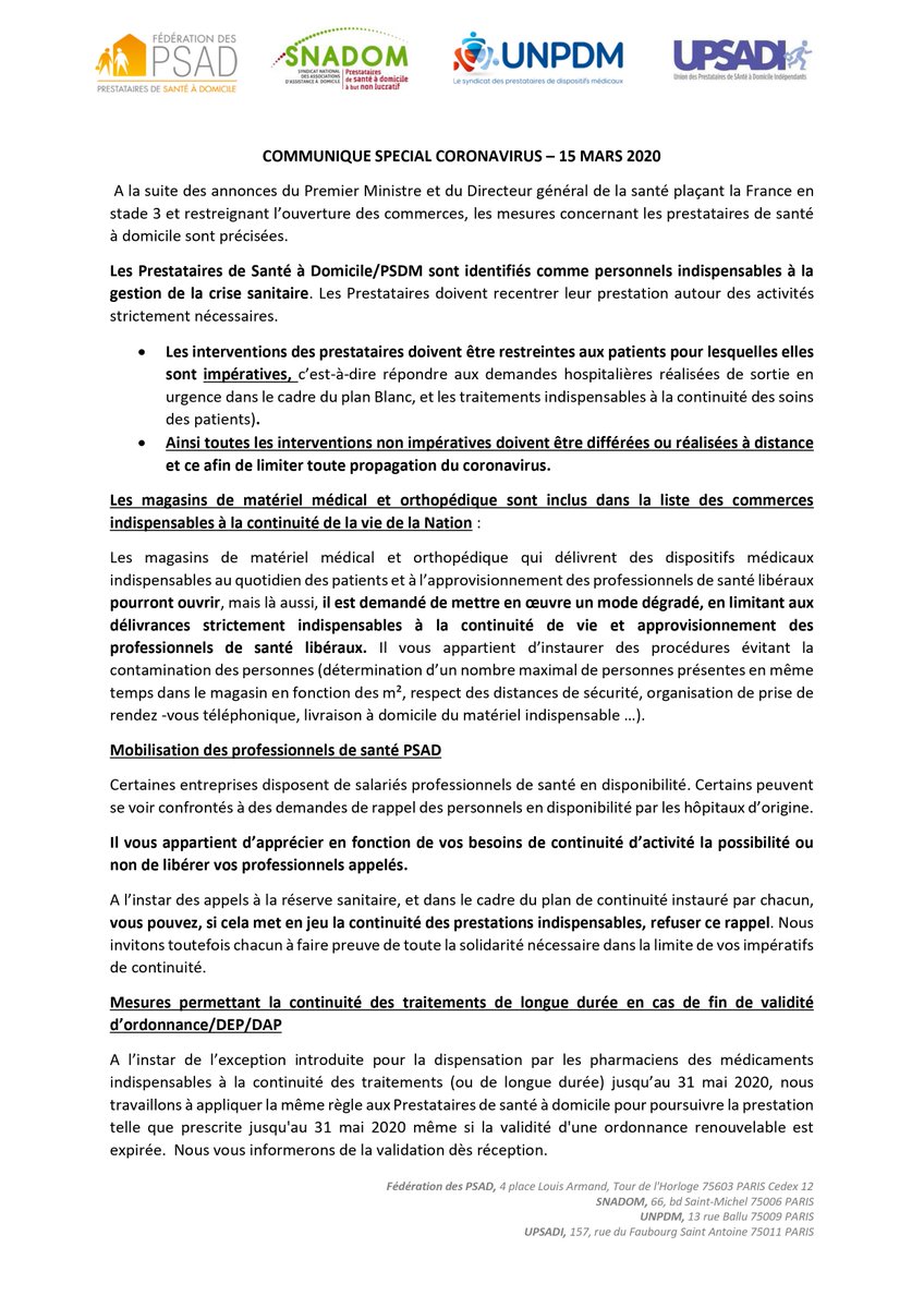 #COVID19france Communiqué de presse spécial des prestataires de santé à domicile