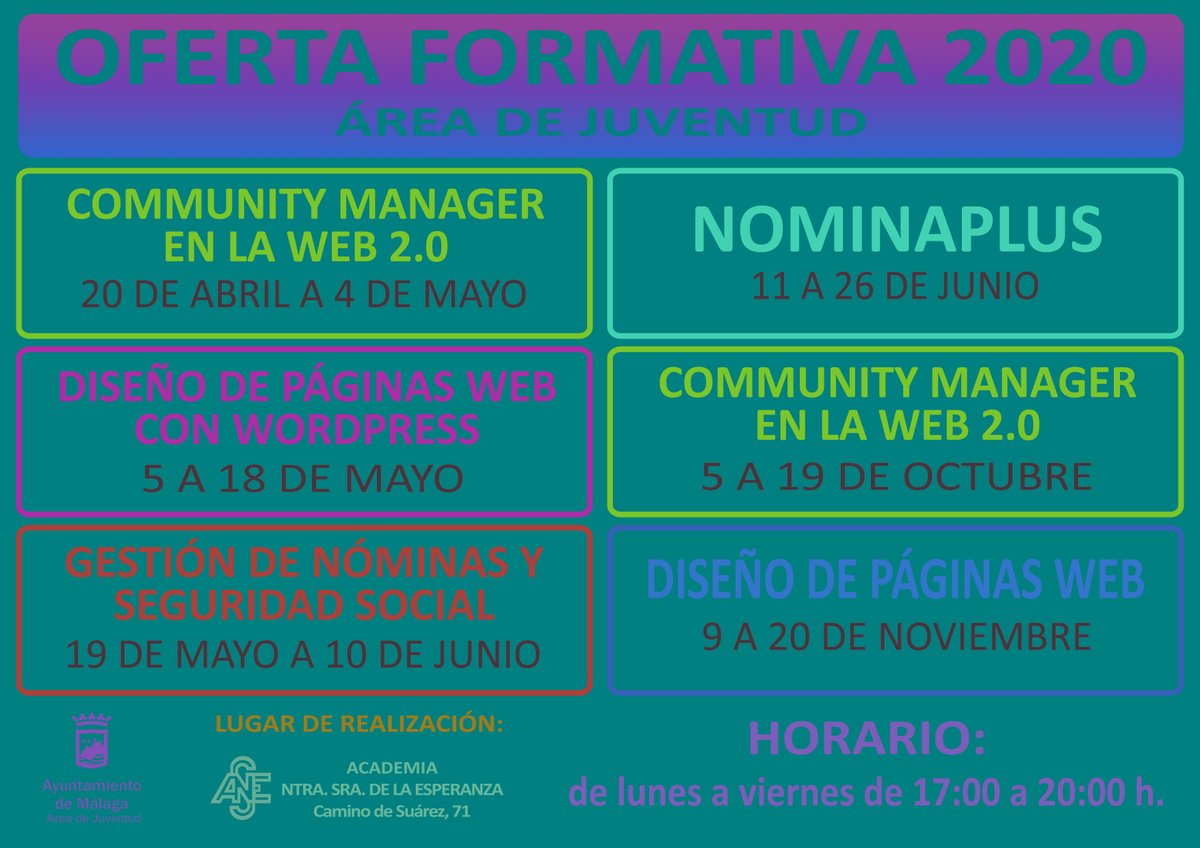 Desde abril hasta noviembre impartiremos distintos cursos del área de la juventud promovido por el Área de la Junventud. Os dejamos información de cada uno de ellos, estad atentos a las fechas de inscripción. #areajuventud #Málaga #formación #acesperanza
