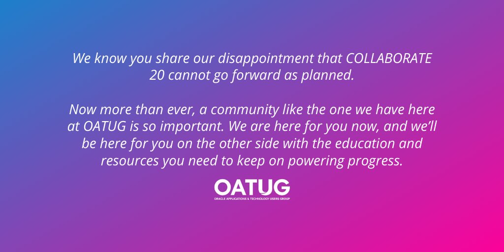 OATUG_FORUM's tweet photo. #C20LV will not take place as planned this April in Las Vegas. OATUG is working hard to determine new plans for later this year to deliver education, networking &amp; tradeshow experiences. We appreciate the support &amp; patience of our community as we review all alternative paths. https://t.co/b6uAtJ5oFT