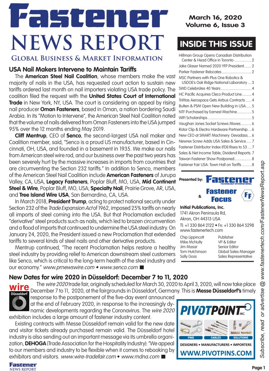 The March 16 flip book edition of FTI's Fastener News Report can be read online at online.pubhtml5.com/ksyg/edyk/. Subscription, editorial and promotional details are available at fastenertech.com/fastenernewsre…
