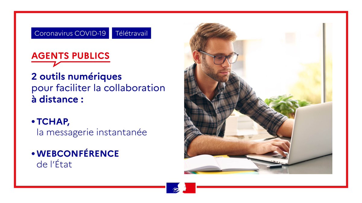 Numerique_Gouv's tweet photo. #COVID19 #Télétravail Agents publics : 2 outils numériques conçus &amp; maîtrisés par l’État sont à votre disposition pour faciliter la collaboration à distance avec vos équipes &amp; partenaires :
🔹 la messagerie instantanée Tchap
🔹 la webconférence de l'État
👉https://t.co/kXvKV44xUi https://t.co/VMLF8XJ0r7