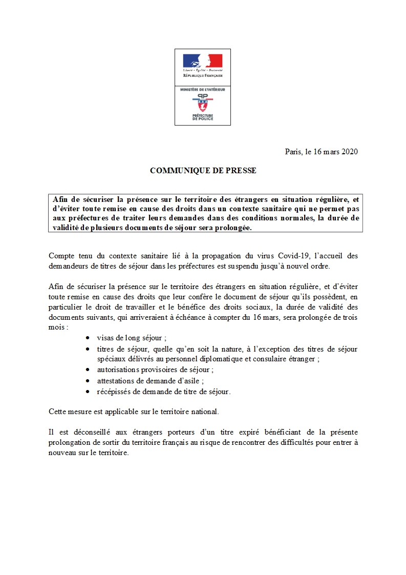 F_Desouche's tweet photo. #Coronavirus : la Préfecture de Police annonce que la durée de validité des titres de séjour des #étrangers actuellement en #France est prolongée de 3 mois https://t.co/jGoaKfzKOK https://t.co/P4JMvv17NN