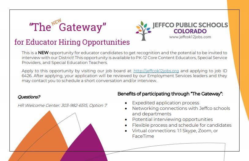Your job search process doesn’t need to stop while you're at home! <a href="/JeffcoSchoolsCo/">Jeffco Public Schools</a> recently launched “The Gateway” as an opportunity for you to network with our district and for the potential to connect with a virtual interview.
Visit our job board: jeffcok12jobs.org #Jobs