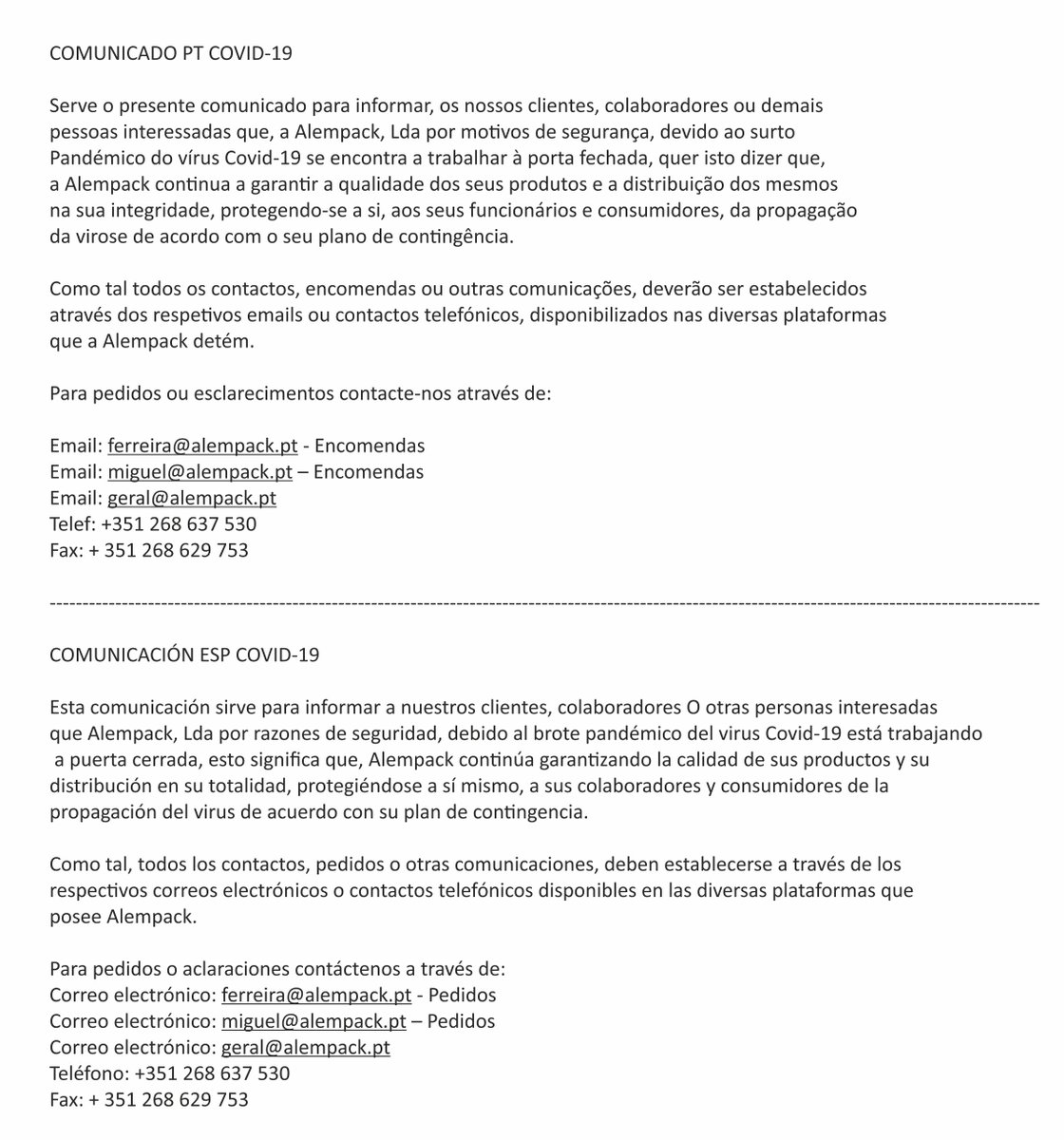 Alempack_LDA's tweet photo. COMUNICADO COVID-19 https://t.co/odB6wR4AD3