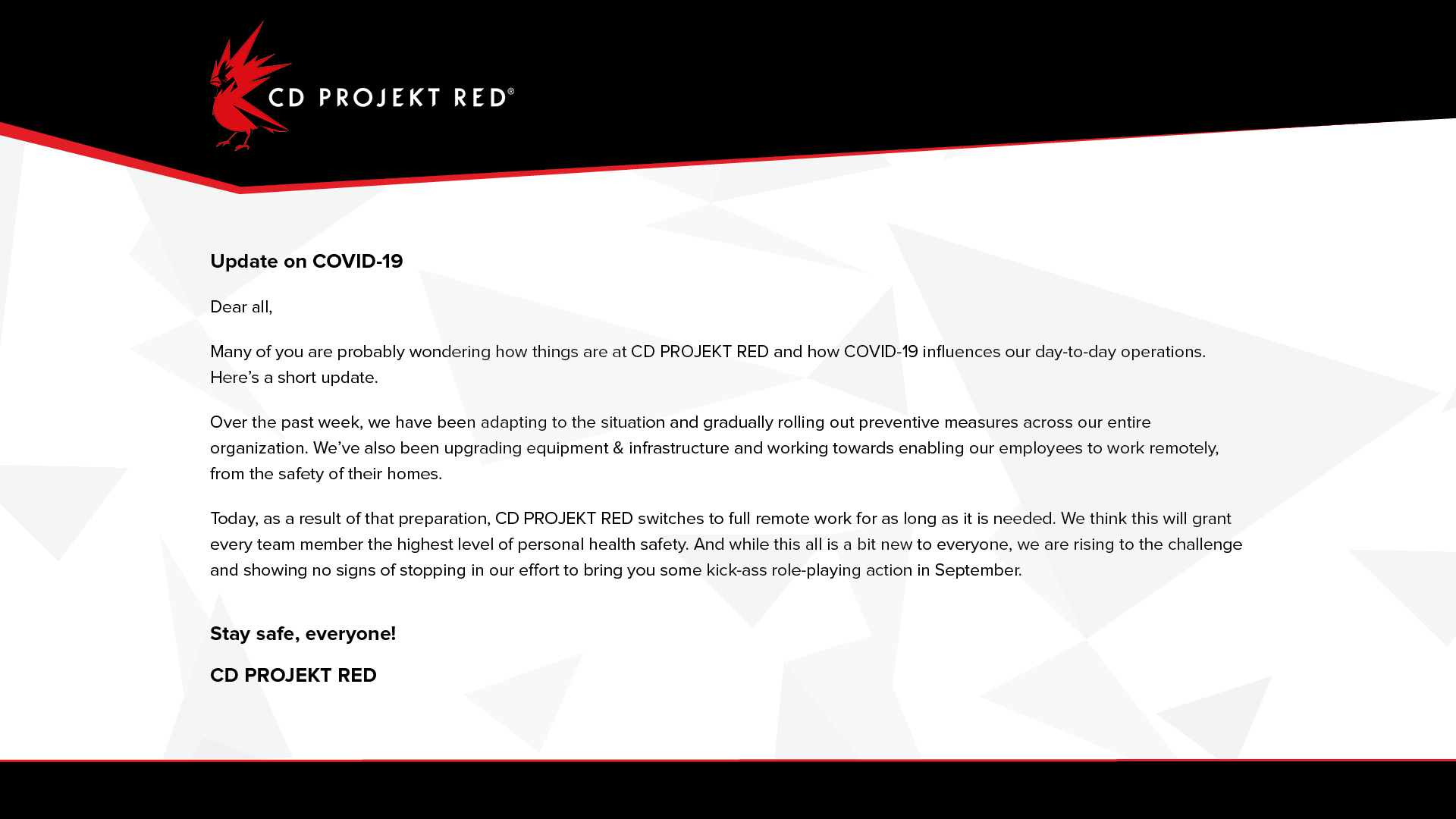 CD PROJEKT RED on Twitter: "Many of you are probably wondering how things at CD PROJEKT RED right now. Here's a short update. https://t.co/aWfHobgtoM" / Twitter