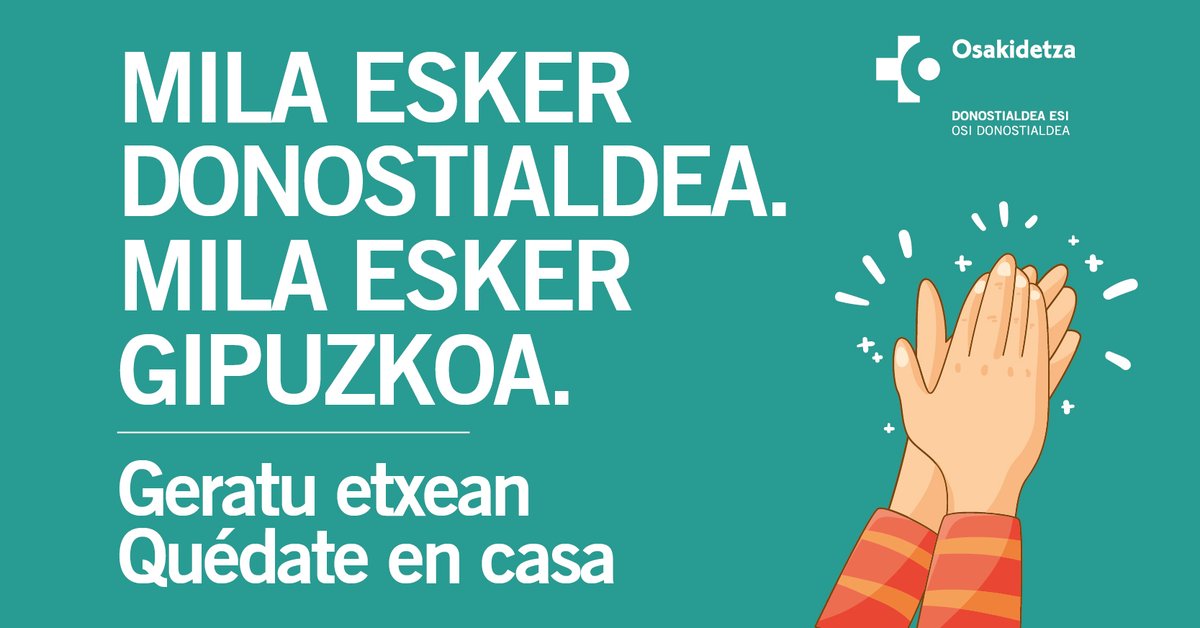 DonostiakoOsp's tweet photo. La OSI Donostialdea quiere agradecer el cariño recibido por parte de la ciudadanía. Vuestro reconocimiento y compromiso con la salud, quedándoos en casa y siguiendo las recomendaciones que os hacemos llegar, nos reconforta y ayuda. Mila esker bihotzez. Zuekin beti aurrera. https://t.co/BQQMtY60JP
