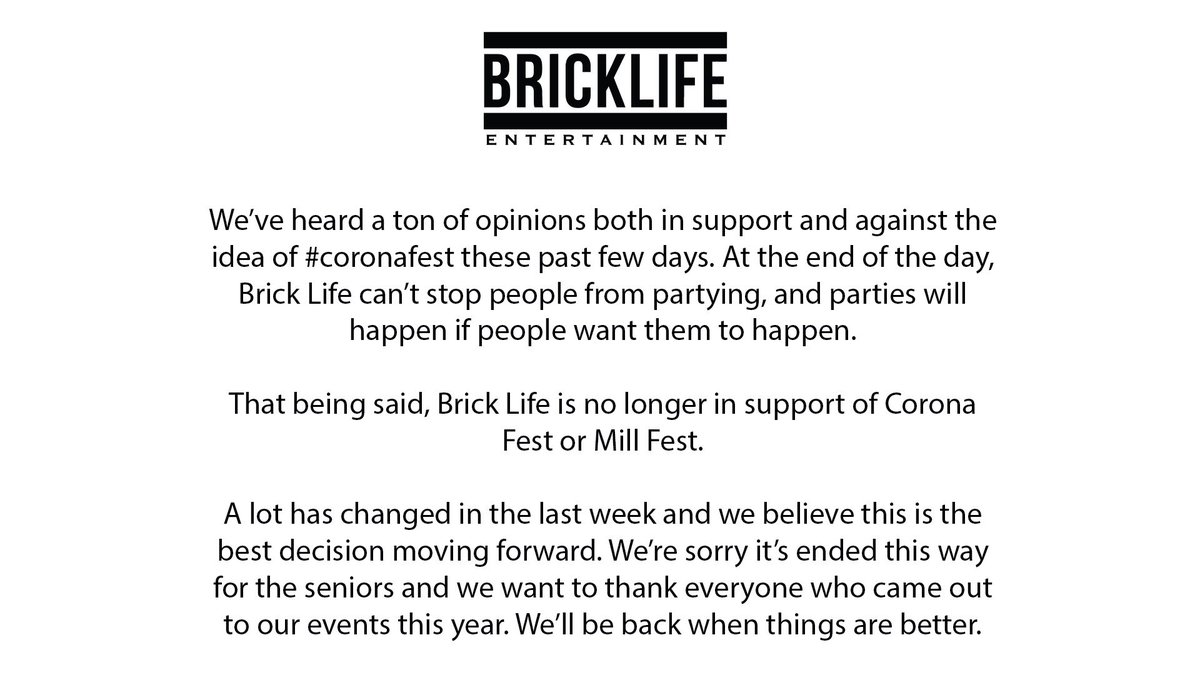 BrickLifeEvents's tweet image. A lot has changed since the original announcement, but that’s no excuse. Athens has been vocal these past few days and we want to do what’s right. We’re sorry to the seniors it ended this way, thanks for a great year Bobcats. #CoronaFest #MillFest