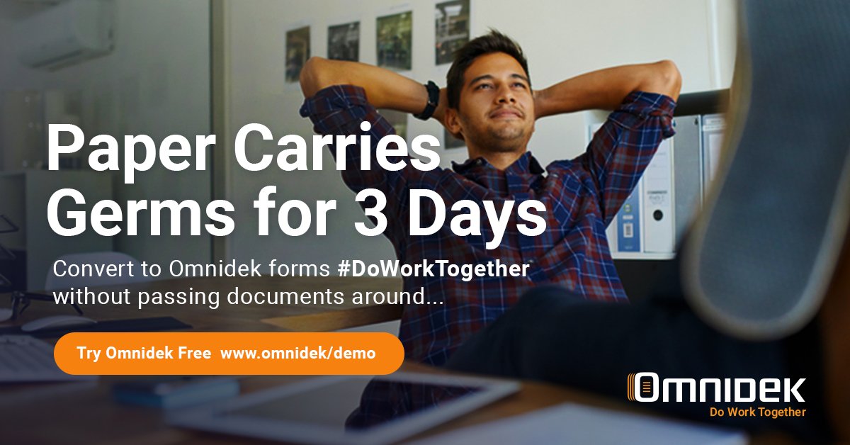 omnidek's tweet photo. Paper carries germs for up to 3 days... convert to Omnidek forms to avoid passing documents around. See it in action https://t.co/M7CD1BvPzW
#doworktogether #workanywhere #coronafree https://t.co/zZiodPm67F
