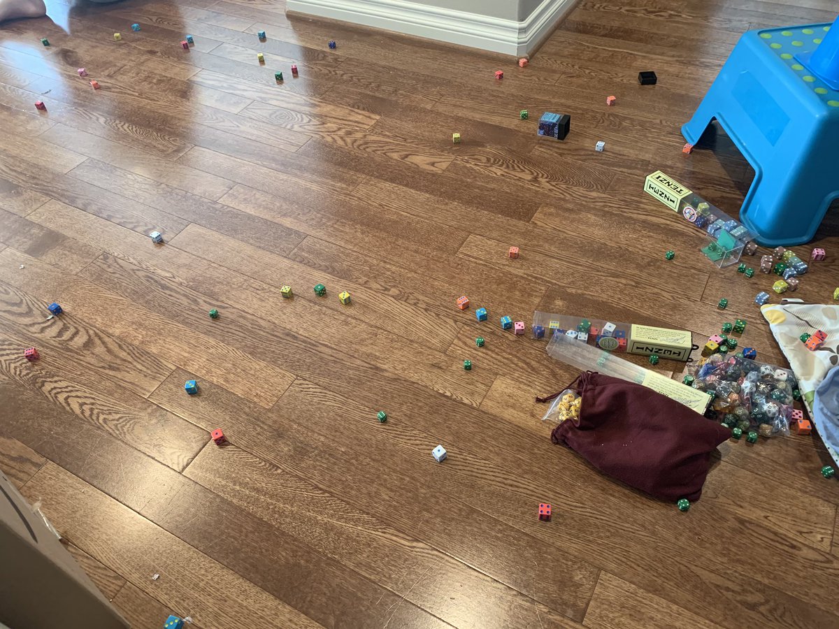 Day 2/30 of school closureIt’s 9am and the 7yo managed drop over a hundred dice (which are very bouncy on hard floors and spread everywhere).