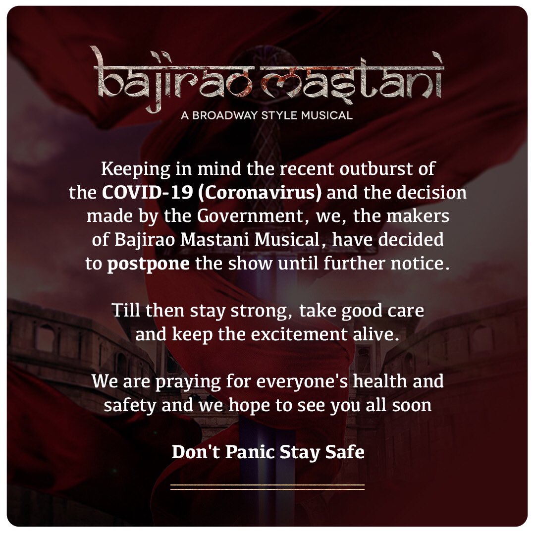 BM_Musical2020's tweet photo. Safety comes first. Stay safe and take care of yourself. #DontPanicStaySafe #BajiraoMastaniMusical🎶 https://t.co/VEiPBfWwgd