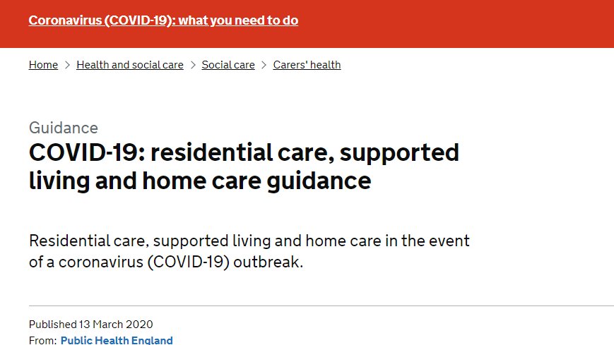 ⚠️Key #COVID19 Guidance for Health Professionals⚠️ 'Residential care, supported living and home care in the event of a coronavirus (COVID-19) outbreak' via @PHE_uk  gov.uk/government/pub…
