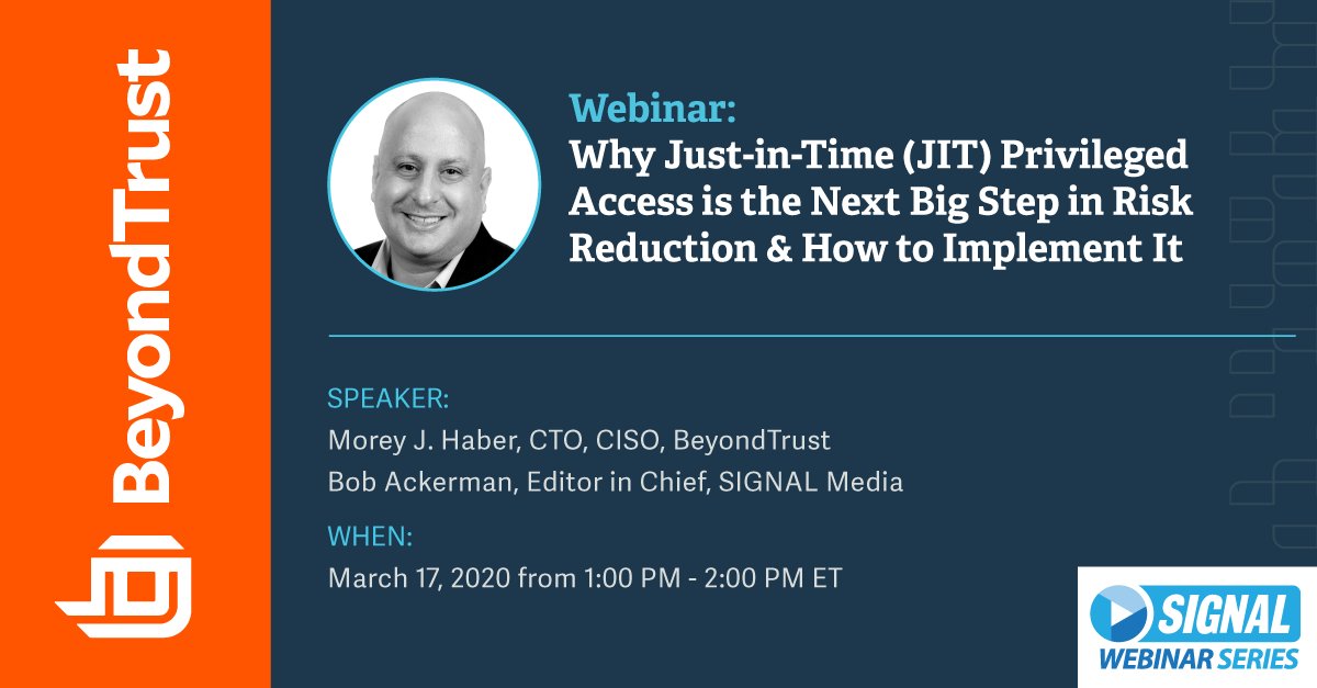 BeyondTrust's tweet photo. TOMORROW: How can you condense your organization's threat surface by shifting from an always-on privileged access model to a Just in Time (JIT) approach? 

Join Signal Magazine and BeyondTrust for a FREE webinar March 17 at 1pm ET. Register: https://t.co/3DpwfGi6e6

#JITPAM https://t.co/vEGXghei9r