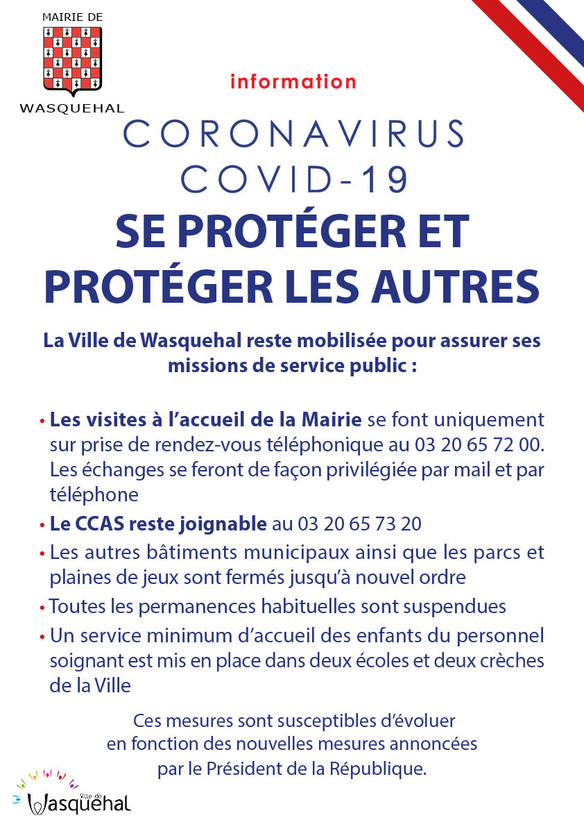 Nouvelles mesures  #Coronavirus  #Wasquehal
La Ville de Wasquehal reste mobilisée pour assurer ses missions de service public