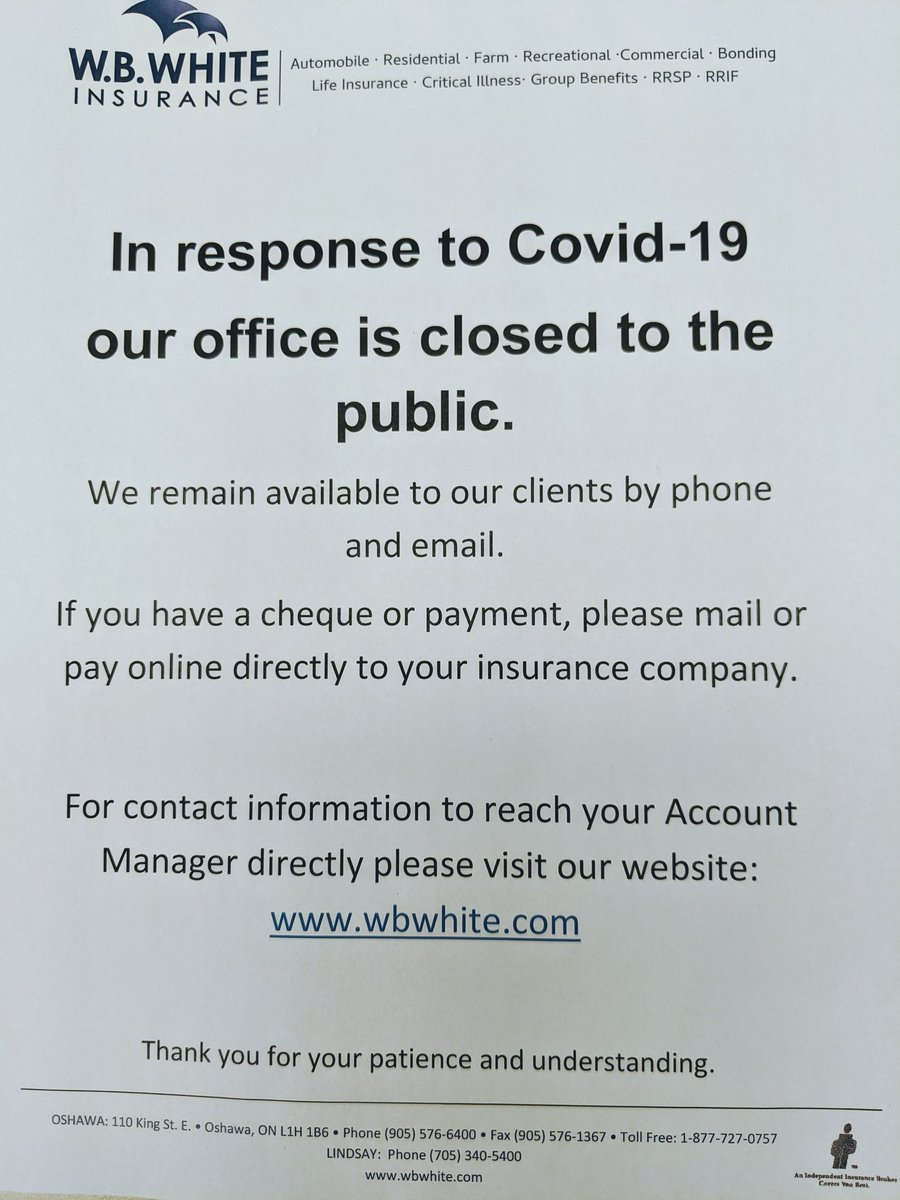 Our office shall remain closed to the public to ensure the safety of our team and to excercise social distancing until further notice. We remain available by phone and email. #COVIDCanada #Oshawa #teamwbwhite
