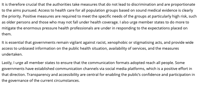 A well-pitched piece by  @CommissionerHR - extreme measures are necessary but must also be proportionate and properly consider human rights  https://www.coe.int/en/web/commissioner/-/we-must-respect-human-rights-and-stand-united-against-the-coronavirus-pandemic