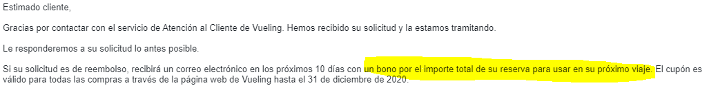 Seitx's tweet photo. @vueling https://t.co/mCLq5lDeAj un vol, hem diu que puc triar pel remborsament o modificació de vols sense cost. Fins aqui tot bé. Demano remborsament, Resultat? "Un bono por el importe total de su reserva para usar en su próximo viaje" Crec que no teniu dret a fer això...... https://t.co/CkfvI88PnC