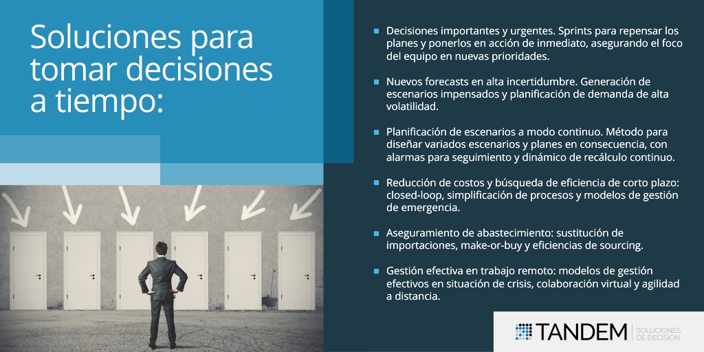 Hoy en las empresas nos encontramos frente a una situación sin precedentes que no tuvimos la capacidad de predecir. En este marco, deberemos tomar decisiones difíciles rápidamente y con múltiples consecuencias. Desde Tandem los acompañamos con soluciones específicas.