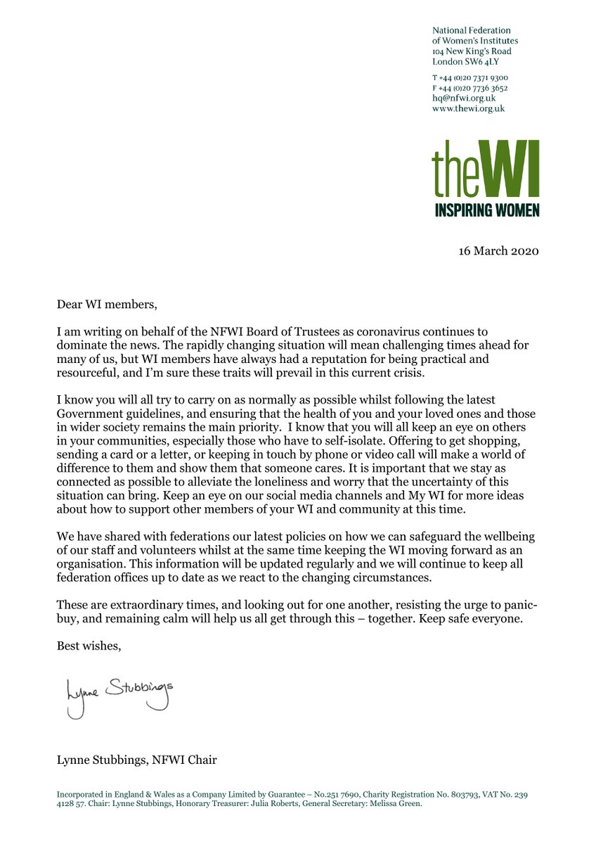 Please see a letter below from NFWI Chair Lynne Stubbings in regard to the current situation around Coronavirus (COVID-19).

This letter has been sent to federations via email to share with WIs.