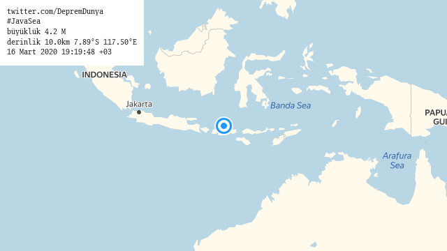 DepremDunya's tweet image. #JavaSea
büyüklük 4.2 M (9 dk önce)
derinlik 10.0km 7.89°S 117.50°E
16 Mart 2020 19:19:48 +03
#deprem