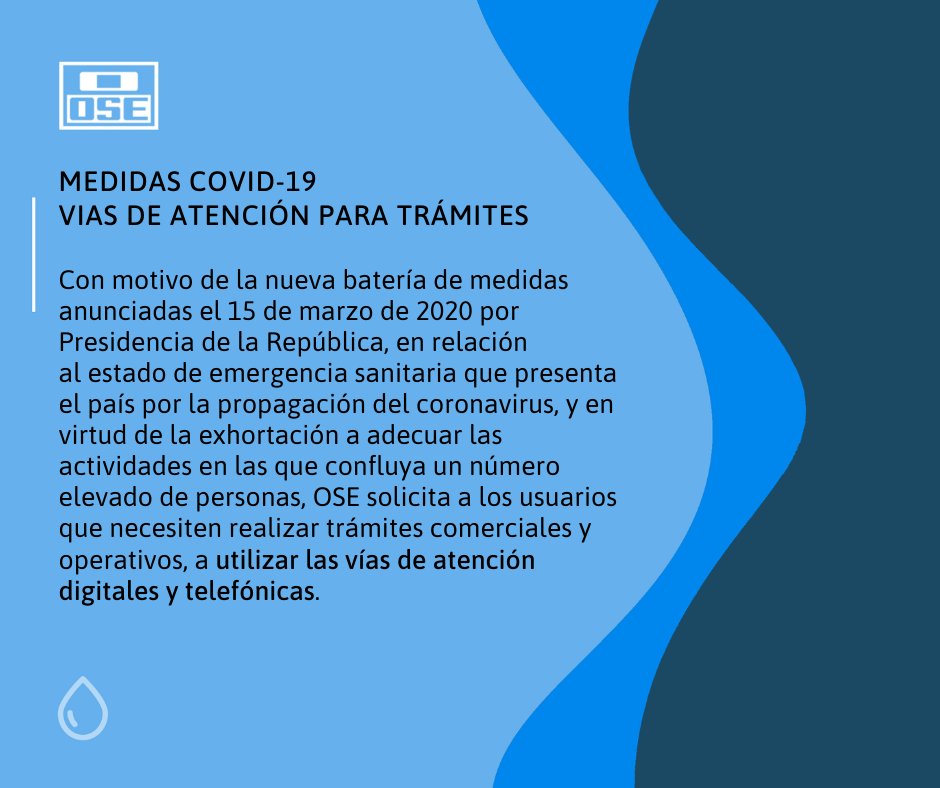 OSE_Uruguay's tweet photo. COMUNICADO❗
Medidas Covid-19
Vías de atención para trámites
☎️ 0800 1871
📱 *1871 gratis desde teléfonos móviles
💬 091 00 1871 pérdidas (todo el país)
🌐 https://t.co/U7dIk7r9KM
#CoronavirusEnUruguay 
#coronavirus https://t.co/JL3ljdZhXb