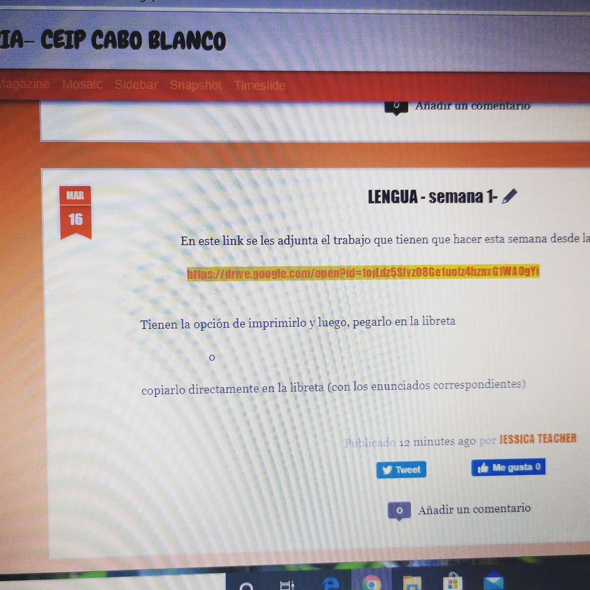 Jessicateacher2's tweet photo. Usando los recursos que están a nuestro alcance para hacer llegar al alumnado su trabajo programado para estas semanas difíciles. #YoMeQuedoEnCasa https://t.co/pSbZDxHLBe