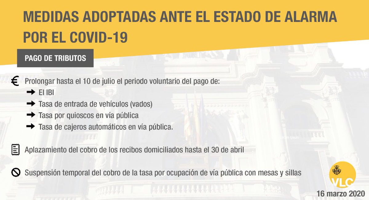 AjuntamentVLC's tweet photo. 🔶 Ante las consecuencias sociales y económicas de la pandemia por el #COVIDー19 informamos de las nuevas medidas tributarias adoptadas por el Ayuntamiento para ayudar a paliar esta situación 🔽. https://t.co/3pagiP0IZl