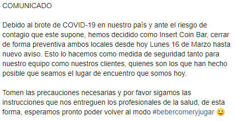 InsertCoinBar's tweet photo. Ambos locales cerrados hasta nuevo aviso como medida preventiva. https://t.co/khVfD4nDGP