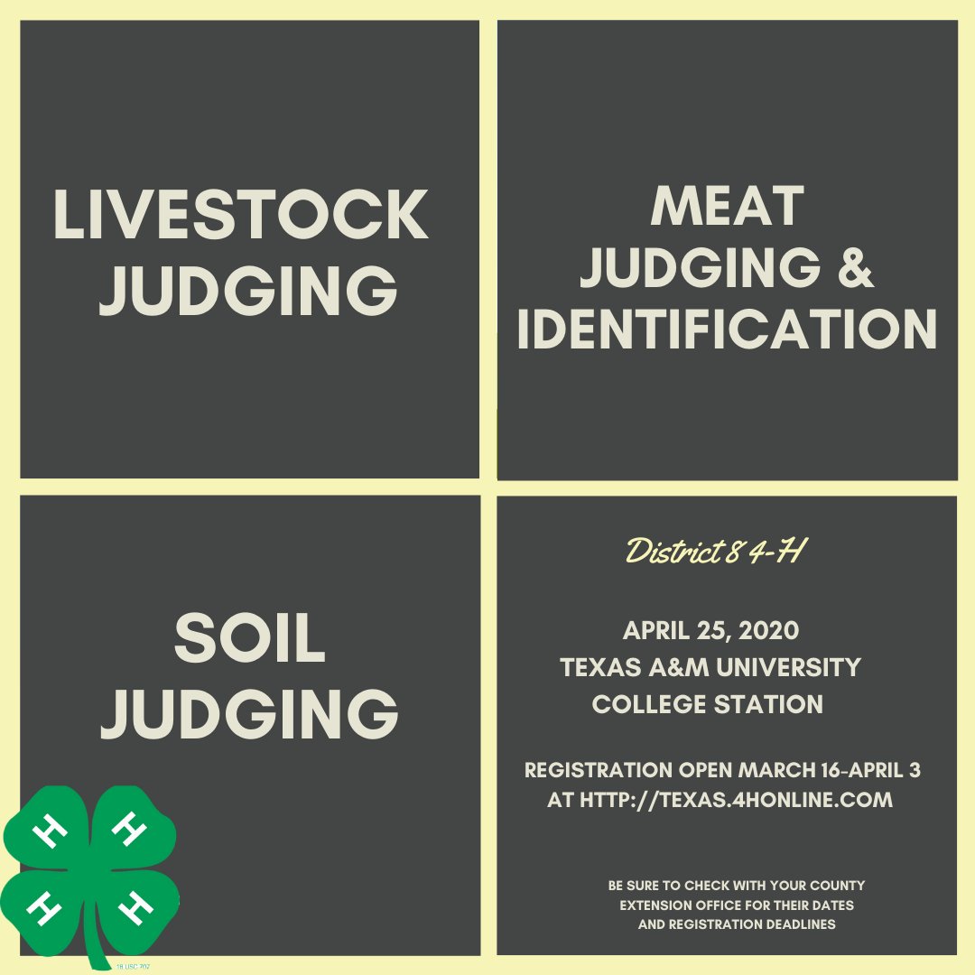 Registration for the District 8 4-H Fashion contests is now live! 

Be sure to check with your County Extension Office for their contest dates &amp; registration deadlines. 

#4HLivestockJudging
#4HMeatsJudging
#4HSoilJudging
#growtrueleaders