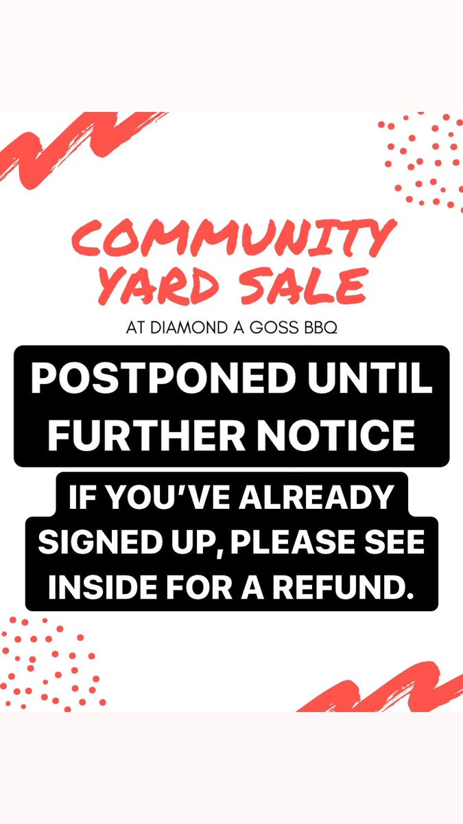 Sad news friends! We have decided to postpone our community yard sale until further notice. We appreciate your understanding.