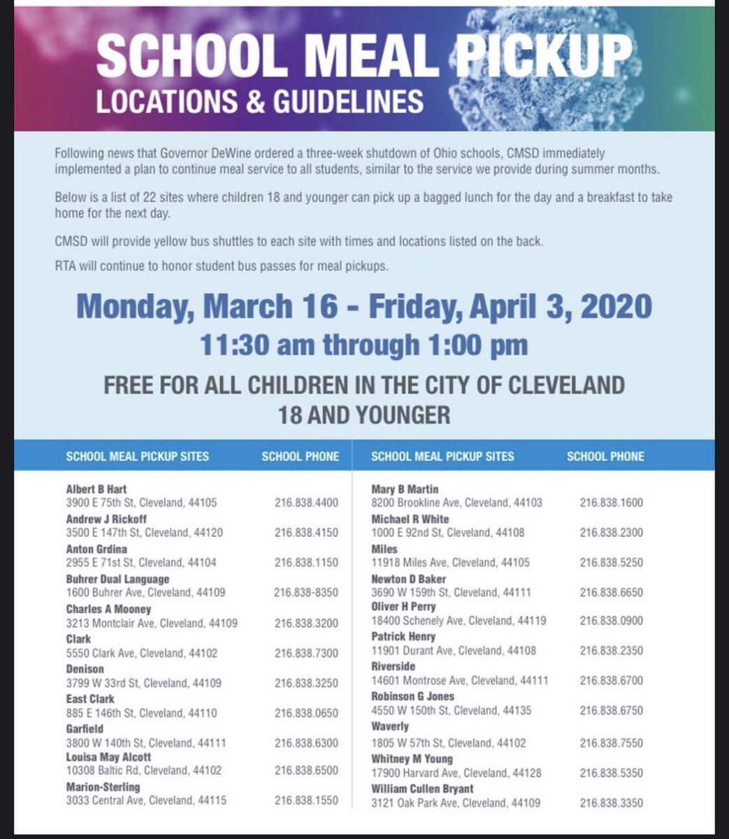 ValorCleTeens's tweet photo. RT!!! Free lunches for school kids younger than 18. ( also look at thread under this to find other food and other opinions during this time.) https://t.co/05uS4TnXgz