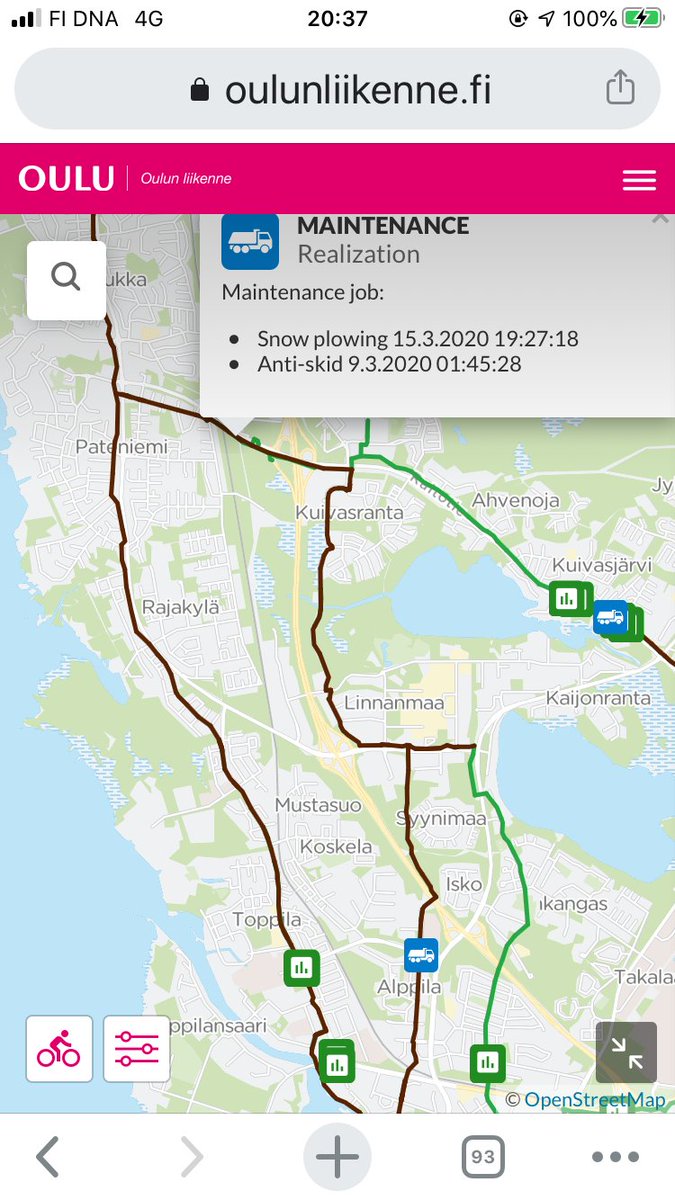Here is the thing though. It wasn't my neighbourhood store. This was Sunday, only a few hours after the storm had started. I had 6km to go and I didn't know where the plowing led. And then I remembered something. I could check the city of  @oulunkaupunki's real time map! /16