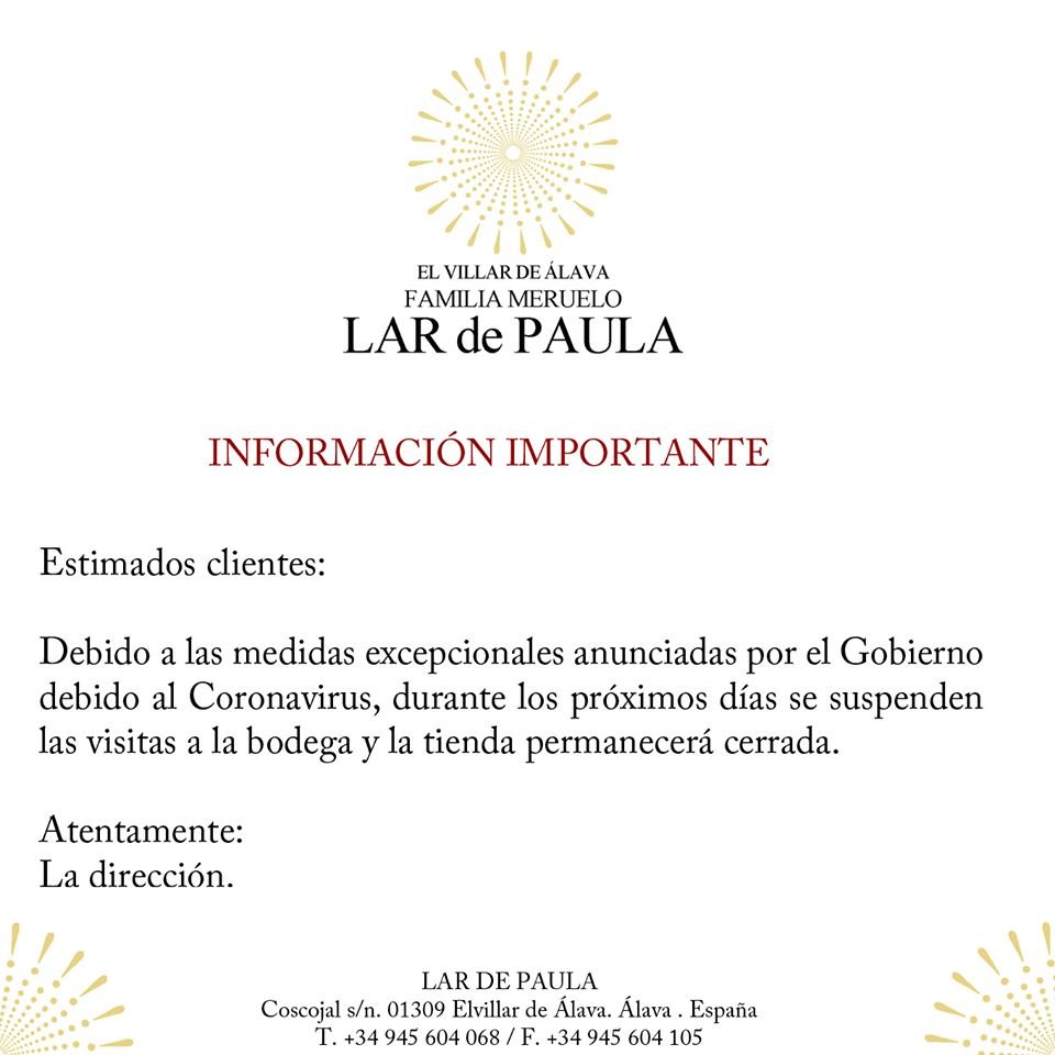 Desde #LardePaula seguimos las recomendaciones del Gobierno para la contención del #Covid19.En este sentido, queremos transmitir nuestra solidaridad a los afectados,así como nuestra admiración por el personal sanitario que vela día y noche por la salud de todos. #yomequedoencasa