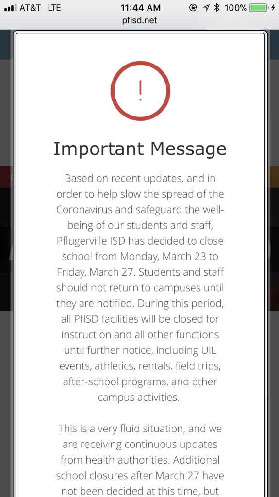 6thgradersrule's tweet photo. .@RoundRockISD out two weeks, @pfisd closed 1 week. @AustinISD has a press conference in 15. #CenTex #SpringBreak20 https://t.co/EsEoCtha6t