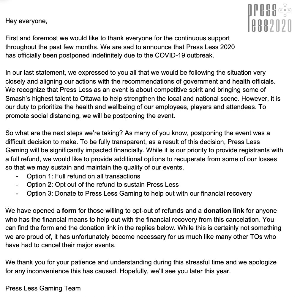 PressLessGaming's tweet image. Hey everyone, 

we have important news this afternoon regarding Press Less 2020. Read the full statement attached to the tweet and the following links in the thread.

Thank you,
PLG Team