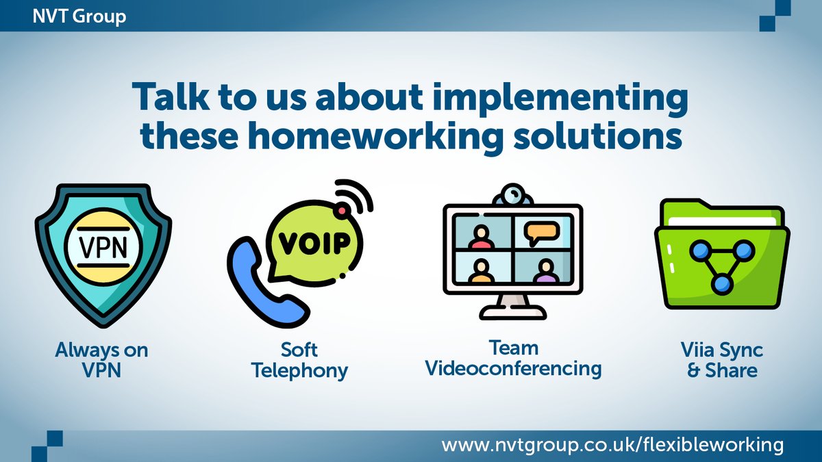 nvtgroup's tweet photo. To implement your #homeworking strategy, talk to us about technology such as #AlwaysOnVPN, #SoftTelephony, Team #Videoconferencing and our Viia #syncandshare solution, all of which facilitate seamless working from locations outside the office.  More info: https://t.co/7gTMOT3GRl https://t.co/11ysaPd4o2