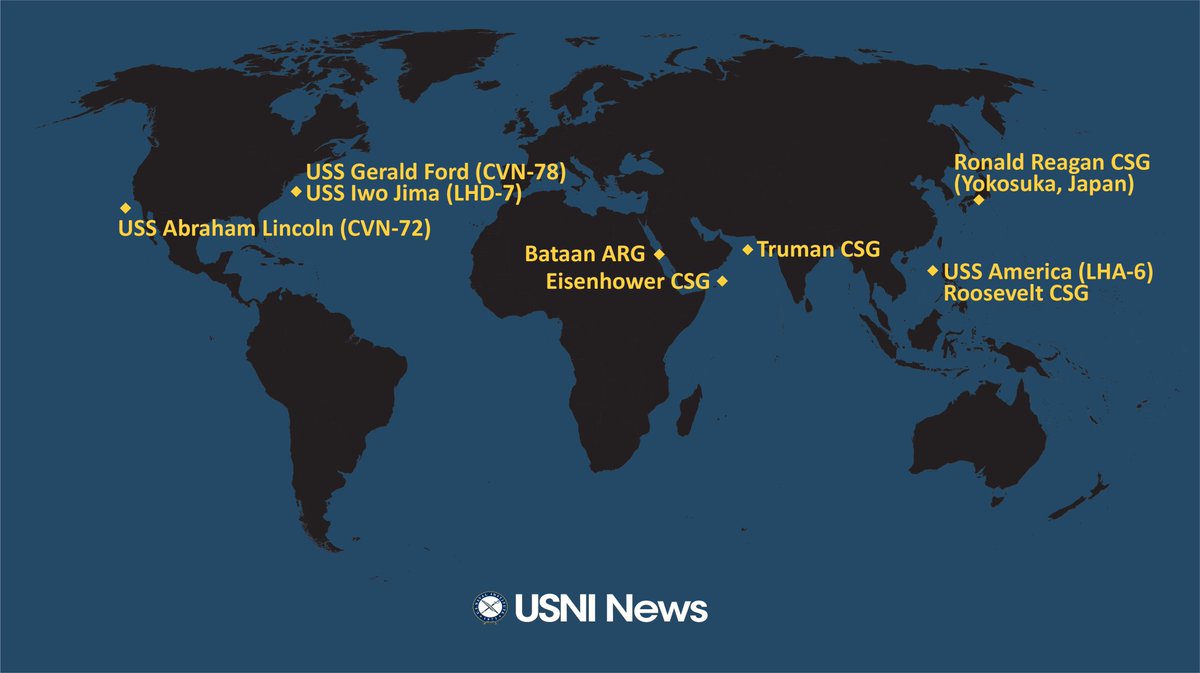 Both aircraft carriers, USS Truman  #CVN75 CSG (including 1 cruiser & 3 destroyers) and USS Eisenhower  #CVN69 CSG (incl. 2 cruiser & 3 destroyers) are now in the Arabian sea.USS Bataan  #LHD5 ARG (incl. 1 amphibious transport dock & 1 dock landing ship) has moved to the Red Sea.