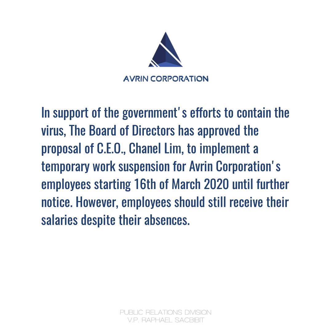 AvrinCorp's tweet image. Avrin will be closed starting 16th of March 2020 until further notice.
#COVIDPH19