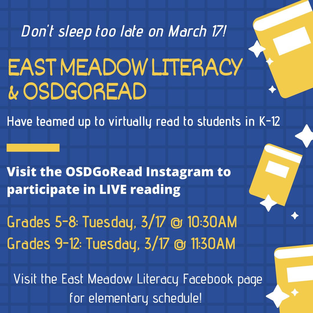 emeadowschools's tweet photo. East Meadow Literacy and Oceanside's OSDGoRead have teamed up to virtually read with students in grades K-12! 

East Meadow Literacy Facebook: https://t.co/S3OejGsMjk

OSDGoRead Instagram: https://t.co/psdcwAwYoN

#EMReads 
#GreatHappensHere19_20 https://t.co/oVTsvXWBws