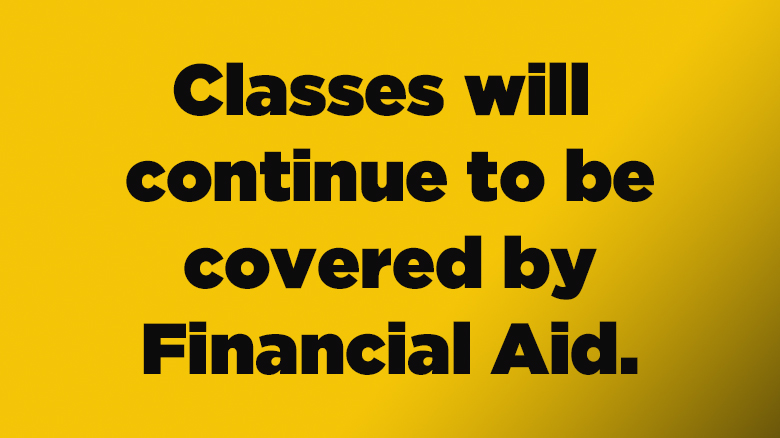 Classes will continue to be covered by financial aid. MCC will contact students directly if adjustments need to be made to aid packages. Go to the COVID-19 at mcc.edu click IMPORTANT Info for Students click  Student FAQ link for more info.