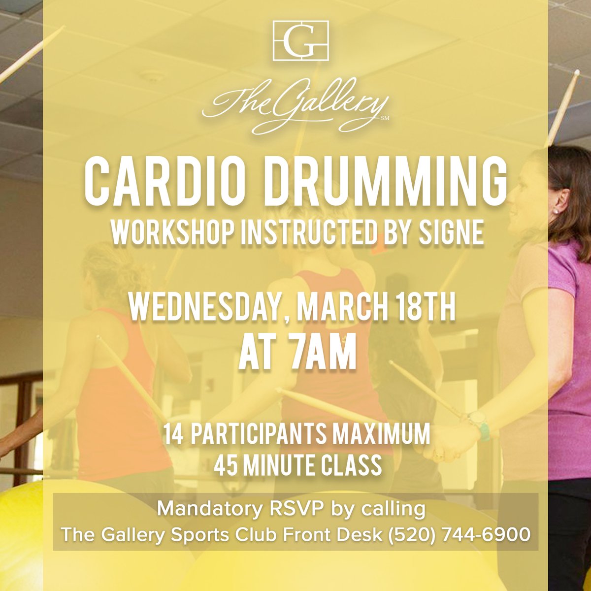 GalleryGolfClub's tweet photo. Come to our Cardio Drumming workshop for a fun and engaging time! Our instructor, Signe, will lead you through this full-body workout that will leave you feeling great! 💪🏼⭐️ https://t.co/UTGRL2IIIt